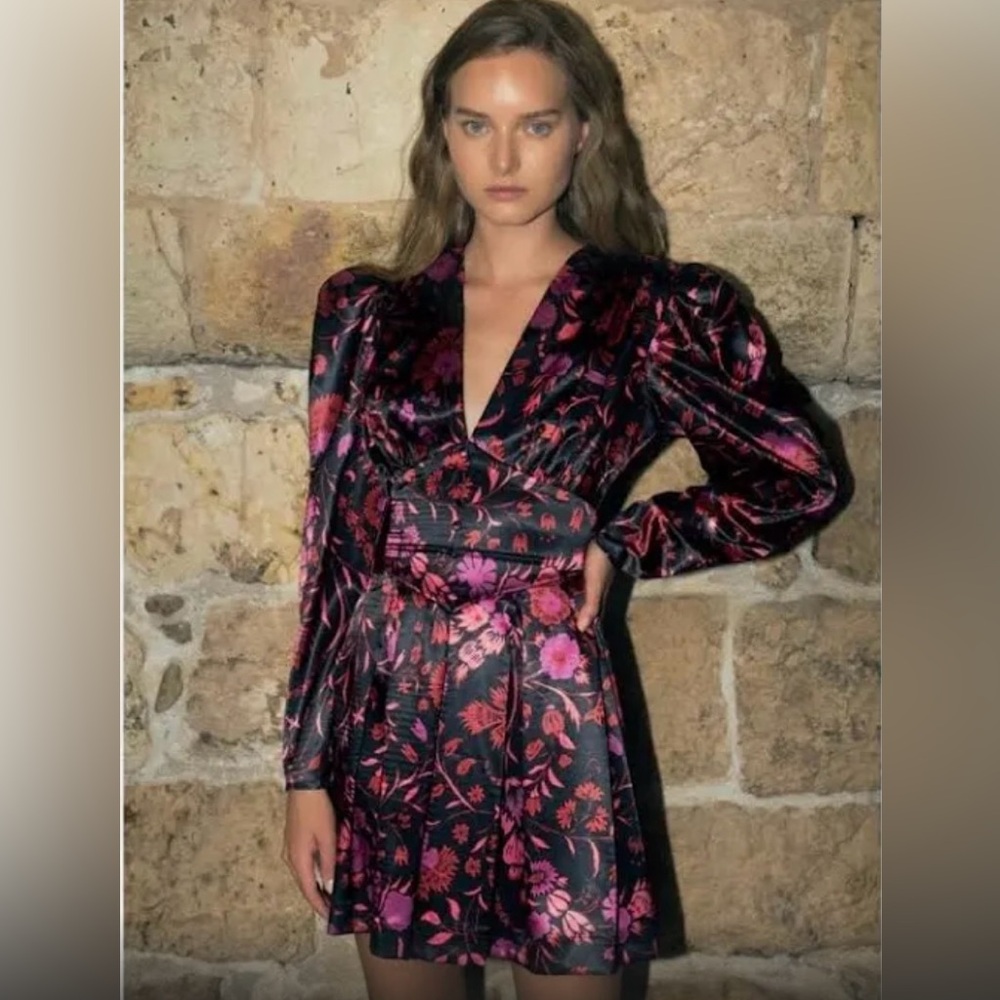 Sabina Musayev Black and Pink Floral Mini Dress